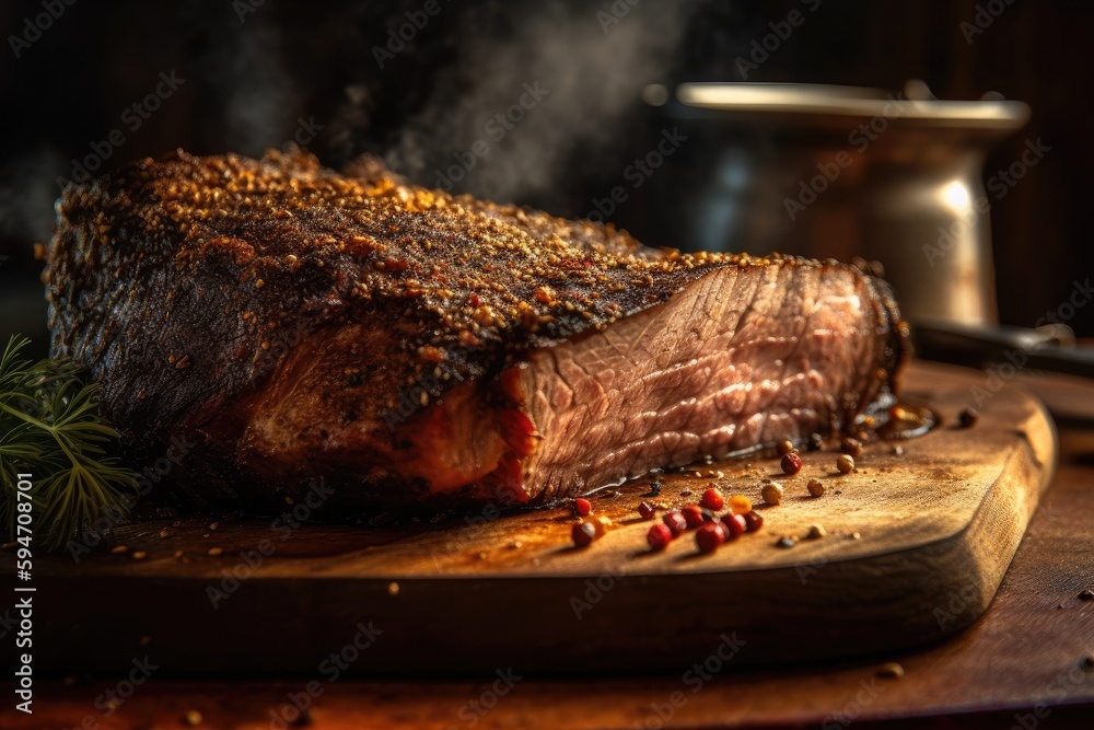 Roasted beef brisket on a wooden cutting board, generative AI Stock  Illustration | Adobe Stock