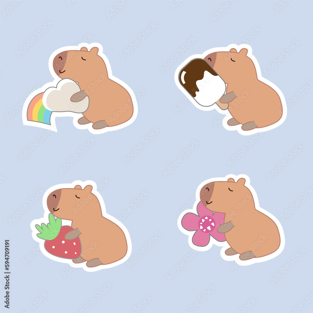 Obraz premium Set of cute capybara hold various object stand on white background.Friendly animal character cartoon design.Flower, strawbery, ice cream, rainbow, hand drawn. Kawaii.
