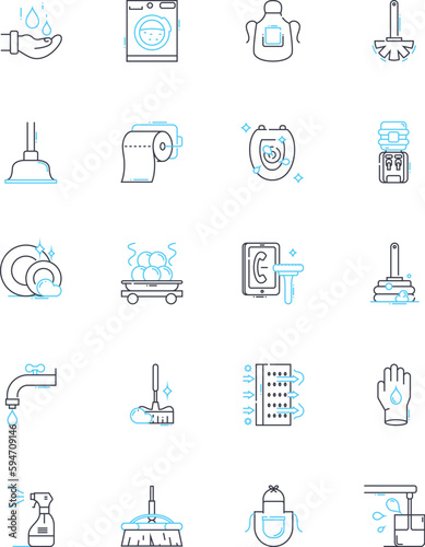 Purging linear icons set. Cleanse, Eliminate, Exorcise, Remove, Evacuate, Dump, Discard line vector and concept signs. Get rid of,Discharge,Cleanout outline illustrations