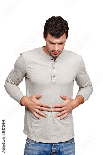 Obraz na plátně Sick, stomach pain and man with abdominal problem is hungry or sick isolated in a transparent png background