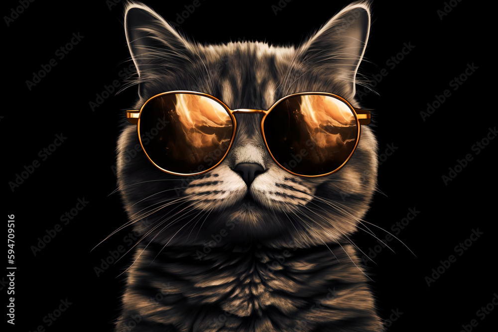 Cool Cat with mirror sunglasses Summer. Image on black background created with generative AI