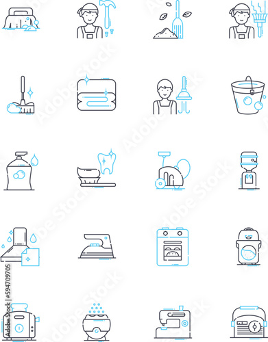 Household maintenance linear icons set. Cleaning, Repairing, Maintenance, Painting, Plumbing, Electrical, Carpentry line vector and concept signs. Gardening,Landscaping,Roofing outline illustrations