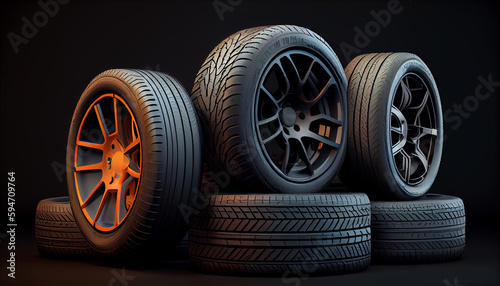 New realistic group of car tires on dark background Ai generated image © PixxStudio