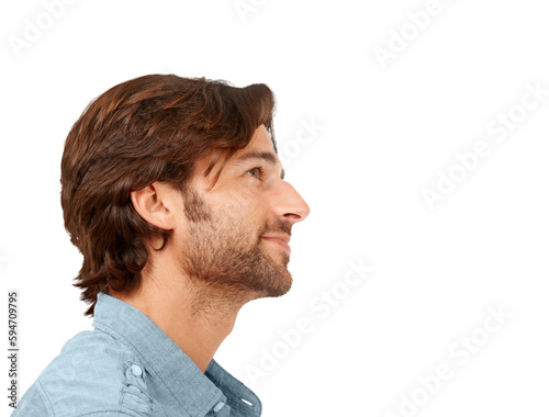 Businessman smile, thinking and looking for ideas, goals and inspiration. Happiness, contemplation and young male employee with motivation, vision, and plan isolated from a transparent png background