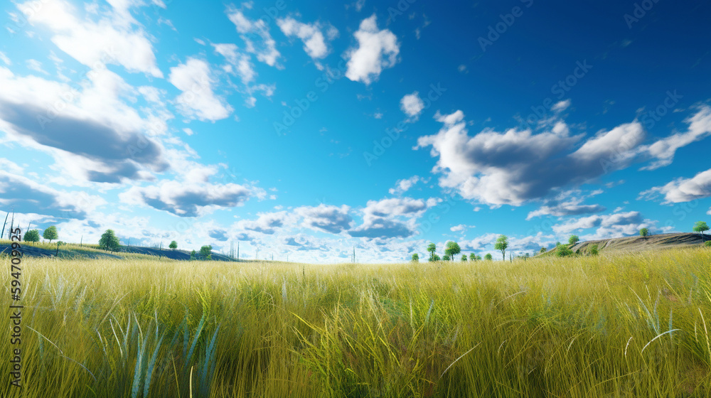 Obraz premium 広い青空と雲と緑の草原 ,Generative AI