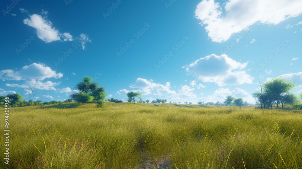 Obraz premium 広い青空と雲と緑の草原 ,Generative AI
