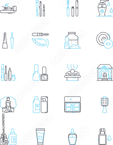 Tanning salon linear icons set. bronzing, spray, sunscreen, glowing, UV, beach, coconut line vector and concept signs. lotion,relaxation,palms outline illustrations