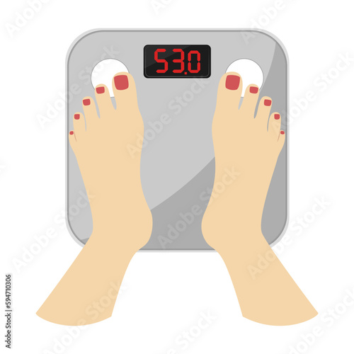 Vector illustration of feet standing on an electronic floor scale on a white background. The concept of a healthy lifestyle. Image for sports design, stickers, web design elements, postcards, banners