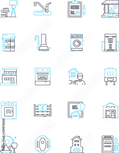 Accommodations market linear icons set. Hospitality, Lodging, Hotels, Resorts, Motels, Inns, Hostels line vector and concept signs. Vacation rentals,Bed and breakfasts,Cabins outline illustrations