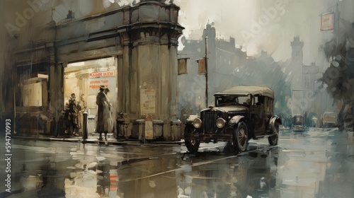 1930s London Car Gas Station Impressionist Painting