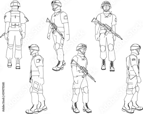 Sketch vector illustration of an armed military police soldier © nur