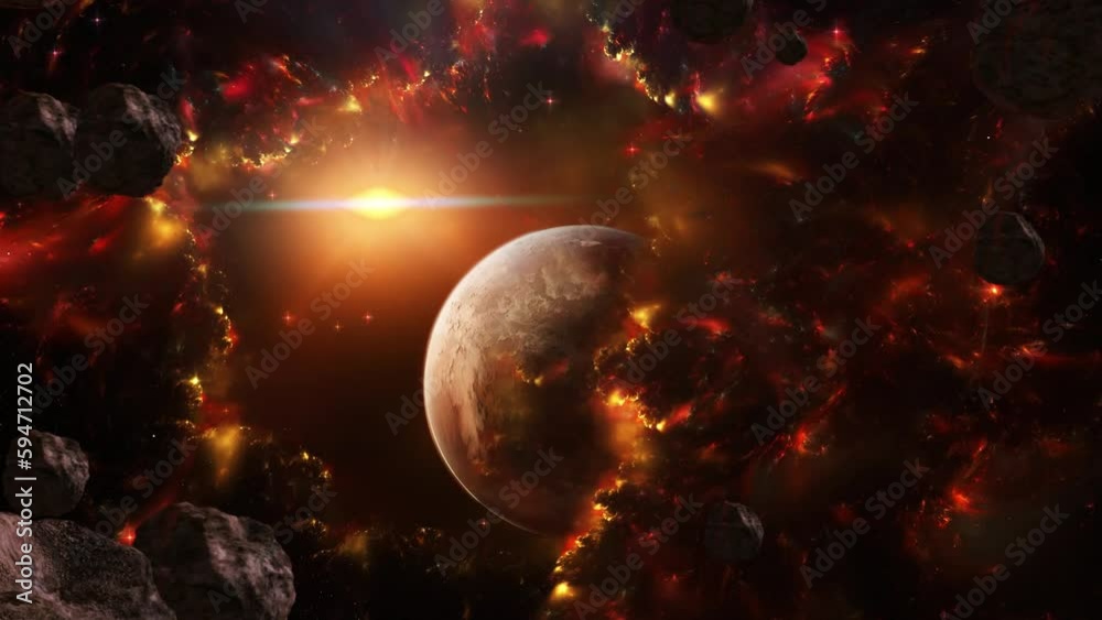 Feature animation of outer space filled with celestial bodies and meteorites. The image of the planet is presented in bright yellow and dark red colors. Video in mp4 format.