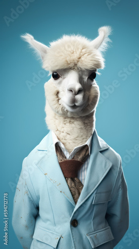 Alpaca Wearing aShirt and Tie-Business Alpaca-Blue Background photo