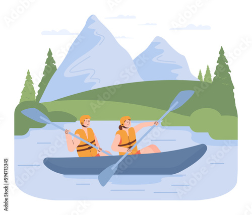 People rowing with paddles in kayak or canoe. Characters in helmets