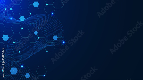 Hexagons with glowing particles and wave flow on blue background for medical, chemistry, science and technology concept design