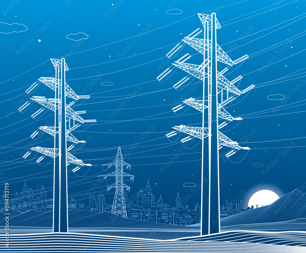 High voltage transmission systems. Electric pole. Power lines. A network of interconnected