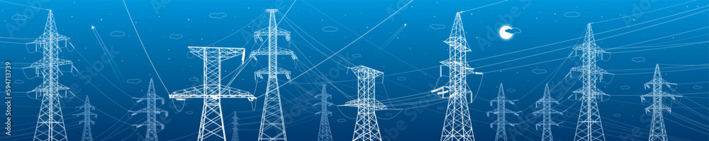 High voltage transmission systems. Electric pole. Power lines. A network of interconnected electrical. Energy pylons. City electricity infrastructure. White otlines on blue background. Vector design - obrazy, fototapety, plakaty 