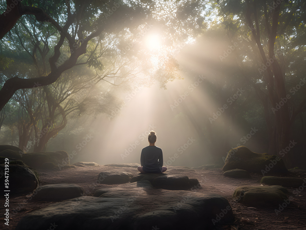 Woman Meditating in Forest with Sunlight Streaming through Leaves, ai generated