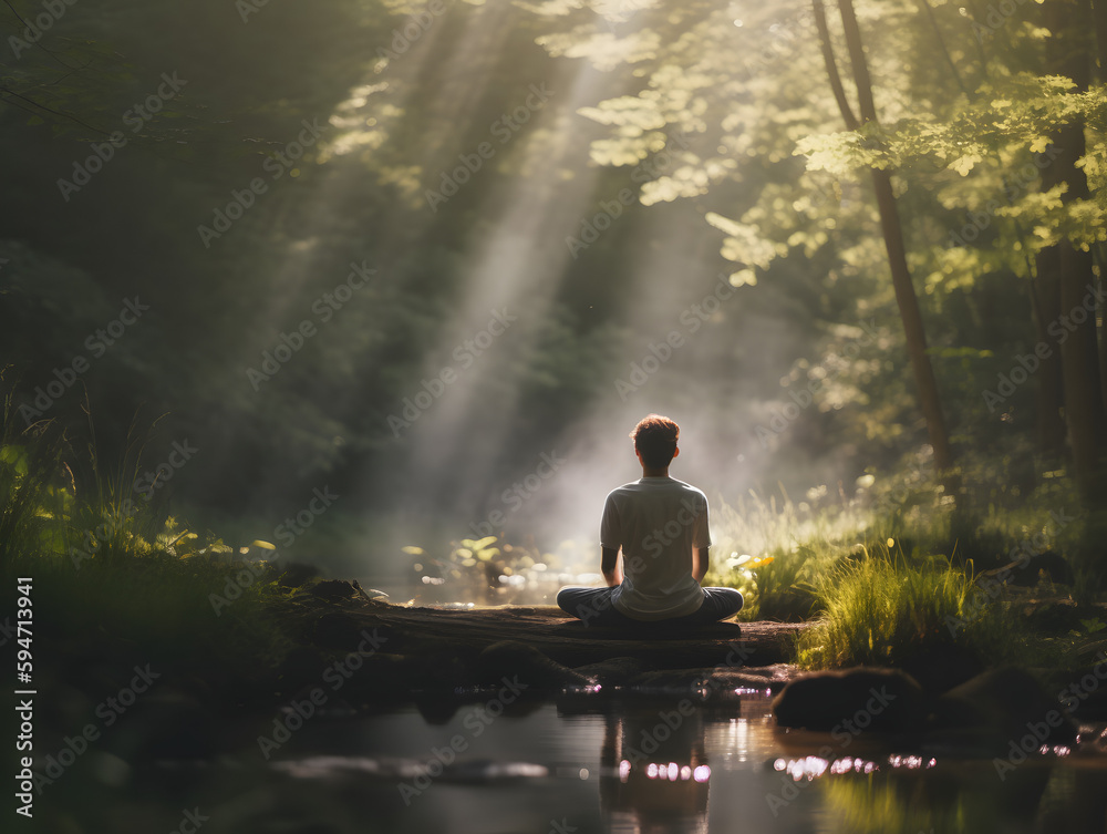 Young Man Meditating in Sunlit Forest, ai generated