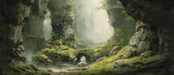 Deep down in forest canyon valley lies mysterious tunnels and caves, moss covered walls and misty river streams, adventurous exploration in a fantasy landscape - Generative AI