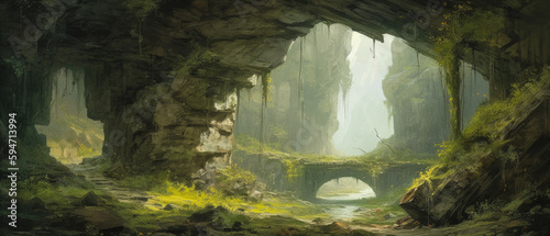 Deep down in forest canyon valley lies mysterious tunnels and caves  moss covered walls and misty river streams  adventurous exploration in a fantasy landscape - Generative AI