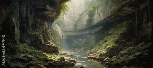 Deep down in forest canyon valley lies mysterious tunnels and caves  moss covered walls and misty river streams  adventurous exploration in a fantasy landscape - Generative AI