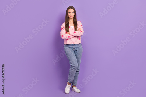 Full length photo of sweet confident girl wear berry print cardigan arms crossed isolated violet color background
