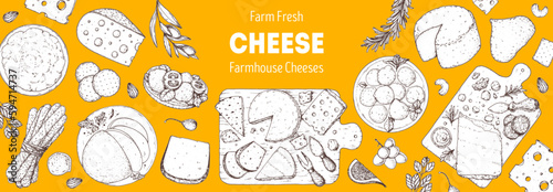 Cheese sketch, hand drawn illustration, top view frame. Food design template. Package pattern. Vector illustration with collection of cheese. Engraved style image. Dairy farm products cheese.