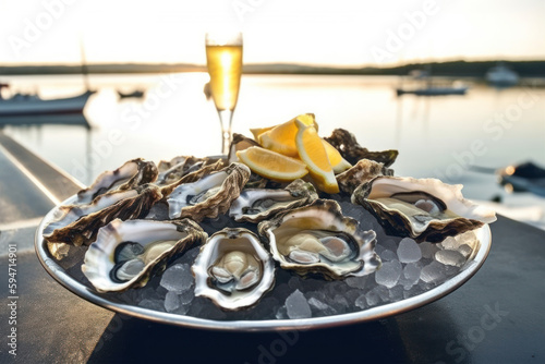 Plateau d'huitres fraiches avec citron sur un lit de glace avec un verre de vin blanc, mer et port de pêche à l'arrière plan