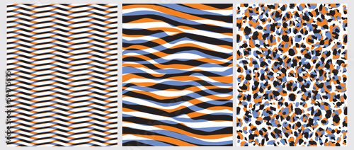 Abstract Leopard Skin Seamless Vector Patterns. Blue, Orange and Black Spots on a White Background. Wild Animal Skin Print. Simple Irregular Geometric Repeatable Design with Wavy Lines.