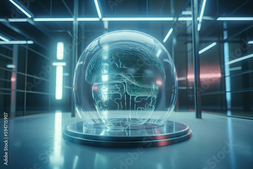 Generative AI image of human brain hologram inside of transparent glass sphere placed in spacious futuristic room with neon lights
