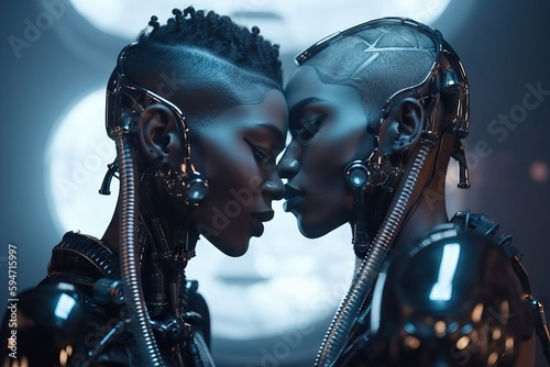 Generative AI illustration of side view of couple of futuristic African American young lesbians in metal costumes and headwear touching foreheads with closed eyes in cyberspace