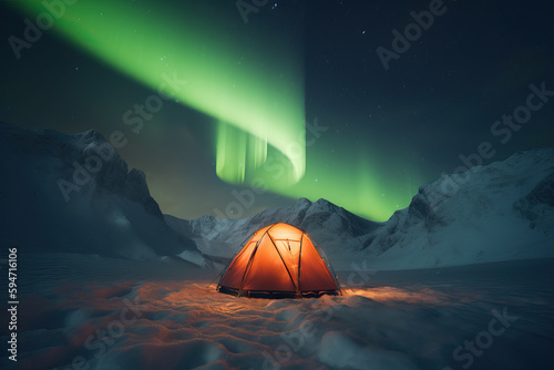 Tent under an aurora borealis. Generative AI photo