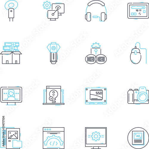 Apparatus linear icons set. Machinery, Equipment, Device, Tool, Implement, Instrument, Contraption line vector and concept signs. Gadget,Appliance,Mechanism outline illustrations