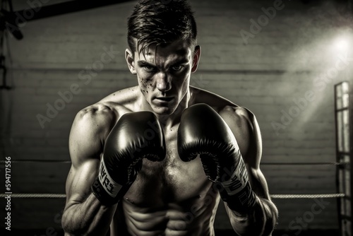 Young and muscular white man with boxing gloves, challenger facing challenges. Ai generated. © Joaquin Corbalan