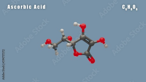 Ascorbic Acid molecule of C6H8O6 3D Conformer animated render. Food additive E300. Isolated background and alpha layer, seamless loop. photo