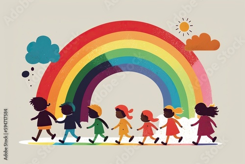 Flat illustration of happy school children walking  with a rainbow in the background. Ai generated.