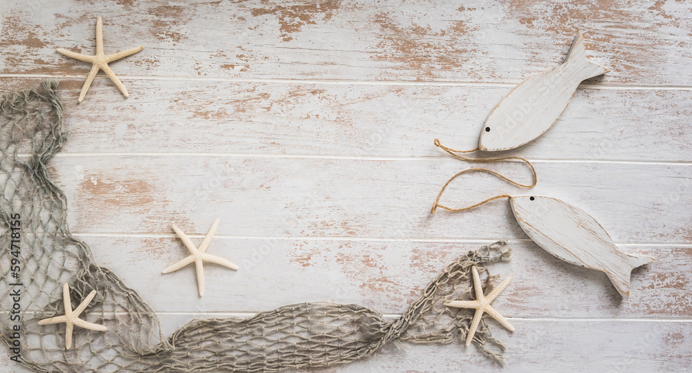 Seashells and starfish on a white wooden background Stock Photo | Adobe ...