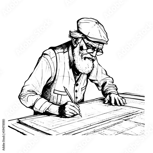 Hand drawn illustration of architect in engraved style isolated on white background