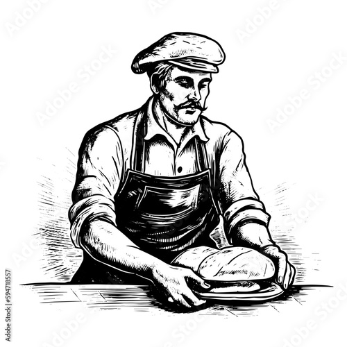 Hand drawn illustration of baker in engraved style isolated on white background