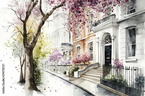 Watercolor New York streets in spring. White background , ai generative