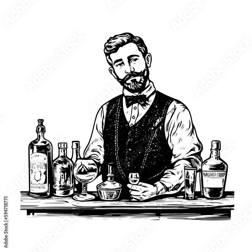 Hand drawn illustration of bartender in engraved style isolated on white background