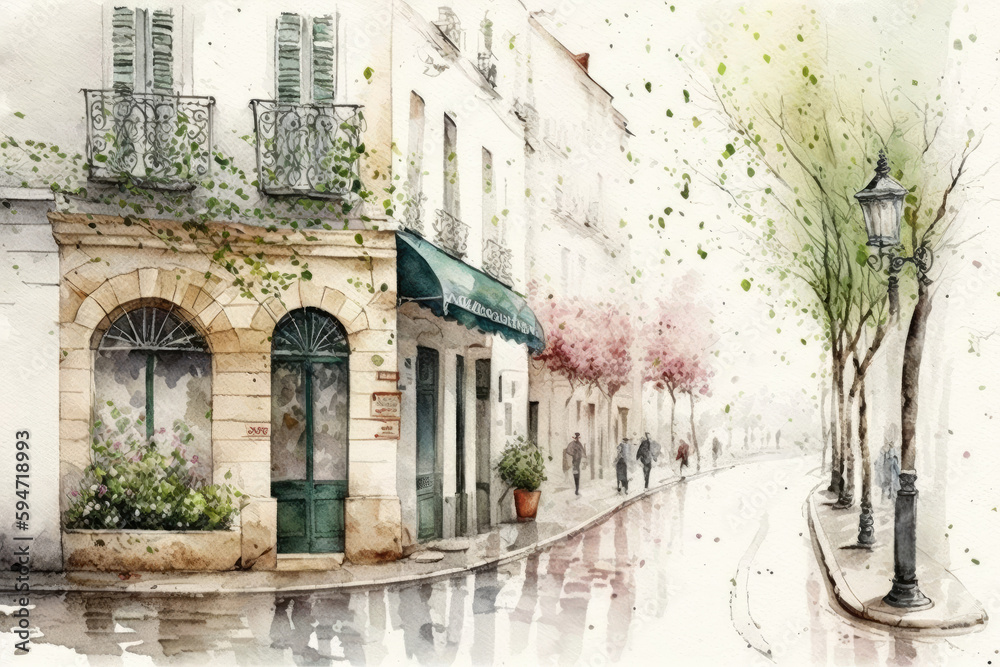 Watercolor New York streets in spring. White background , ai generative