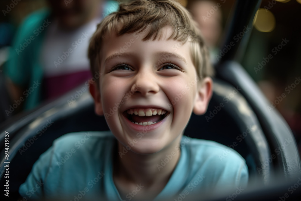 Happy child laughing and enjoying in the amusement park. Vacation. generate by ai Happy child laughing and enjoying in the amusement park. Vacation. generate by ai