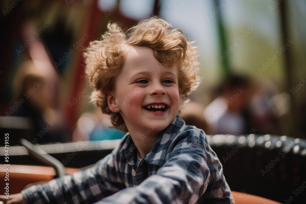 Happy child with curly hair laughing and enjoying in amusement park. Vacation.. generate by ai Happy child with curly hair laughing and enjoying in amusement park. Vacation.. generate by ai