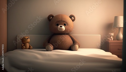 Little teady bear sitting on kids bed beside the wall. Empty space for text.