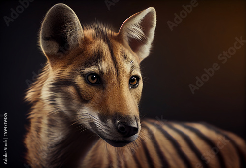 Beautiful photo Thylacine (Tasmanian tiger) concept, contemporary natural and mood social background. Generative AI technology.	
 photo