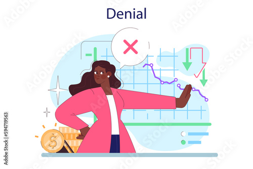 Cycle of investor emotions. Black female character with a denial emotion photo
