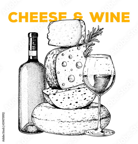 Cheese and wine sketch, hand drawn illustration. Food design template. Vector illustration with collection of cheese and wine. Engraved style image. Dairy farm products cheese.