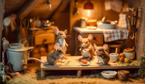 Cute mice family having dinner in a rural kitchen. Created with Generative AI technology.